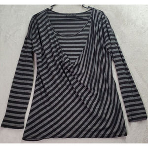 Seven7 Blouse Top Womens Size Medium Silver Black Striped Long Sleeve Round Neck